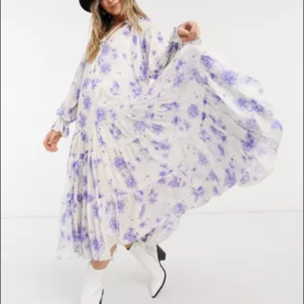 FREE PEOPLE Feeling Groovy LS Floral Maxi Dress Tiered Skirt Medium